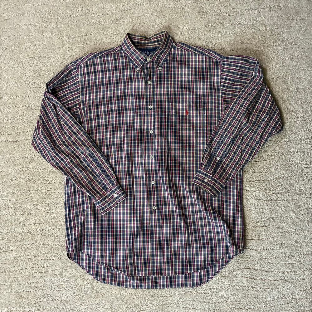 Vintage 90s Ralph Lauren Men Large Blake 100% Two Ply Cotton Plaid Button Down